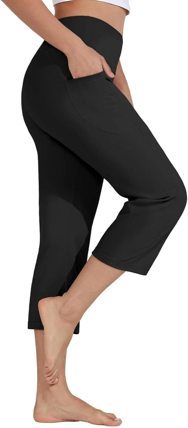 Womens Straight Leg Yoga Cropped Pants Tummy Control Summer Capris High Waist Exercise Workout Leggings with Pockets