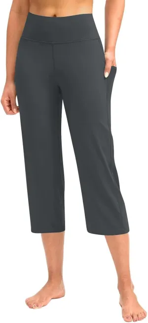 Womens Straight Leg Yoga Cropped Pants Tummy Control Summer Capris High Waist Exercise Workout Leggings with Pockets