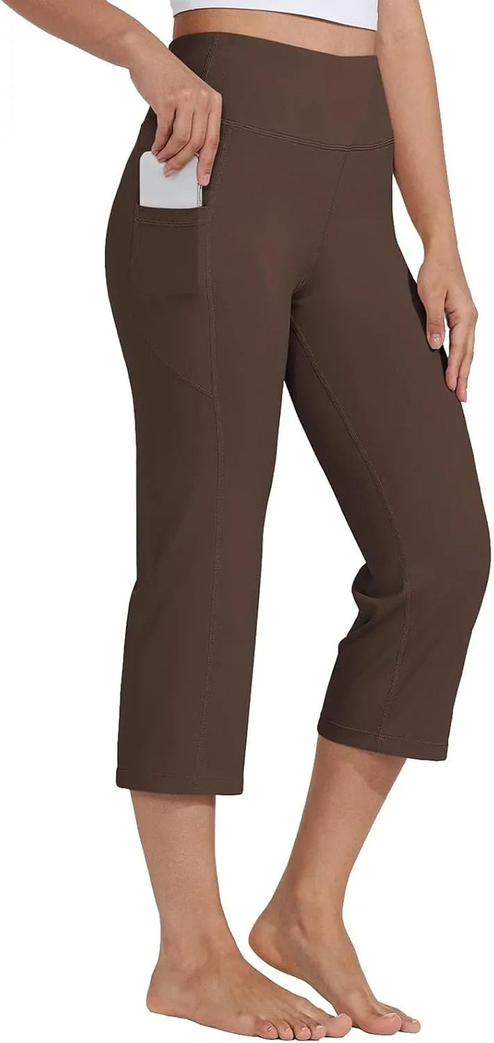Womens Straight Leg Yoga Cropped Pants Tummy Control Summer Capris High Waist Exercise Workout Leggings with Pockets
