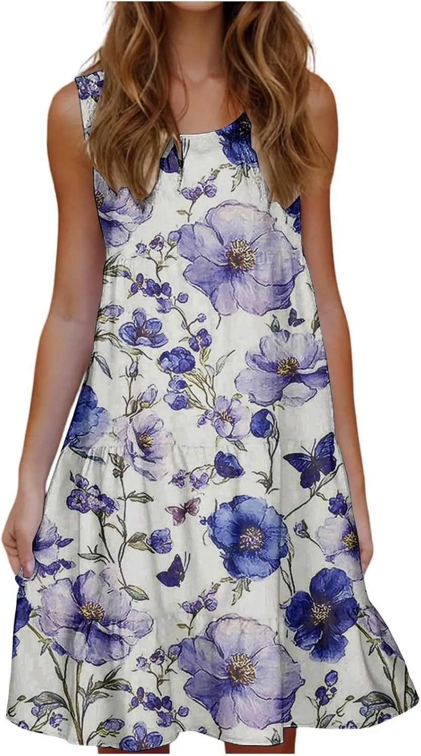 Womens Summer Dresses Tank Mini Dress Floral Spring Casual Flowy Tshirt Dress Outfits Flowy Wrap Beach Boho Sun Dress