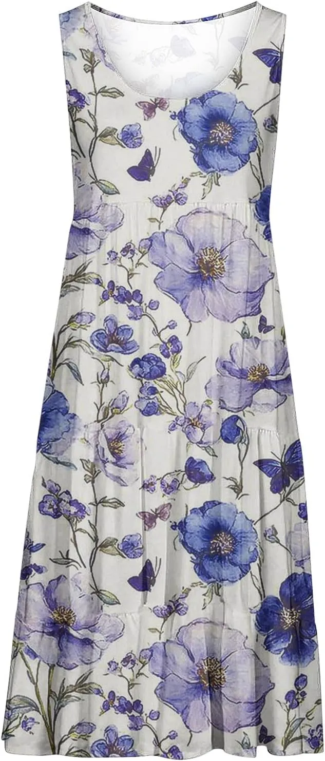 Womens Summer Dresses Tank Mini Dress Floral Spring Casual Flowy Tshirt Dress Outfits Flowy Wrap Beach Boho Sun Dress