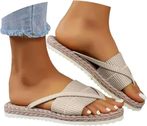 Womens Summer Fashionable Flat Sandals 2025 Casual Open Toe Straw Woven Flat Thong Dressy Flip Flops Beach Thick Sole Wide Beach Breathable Comfortable Walking Outdoor Slippers