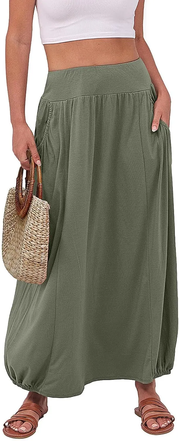 Womens Summer Long Maxi Skirt Solid A Line Pleated Elastic Waist Skirts 2025 Trendy Casual Beach Skorts with Pockets