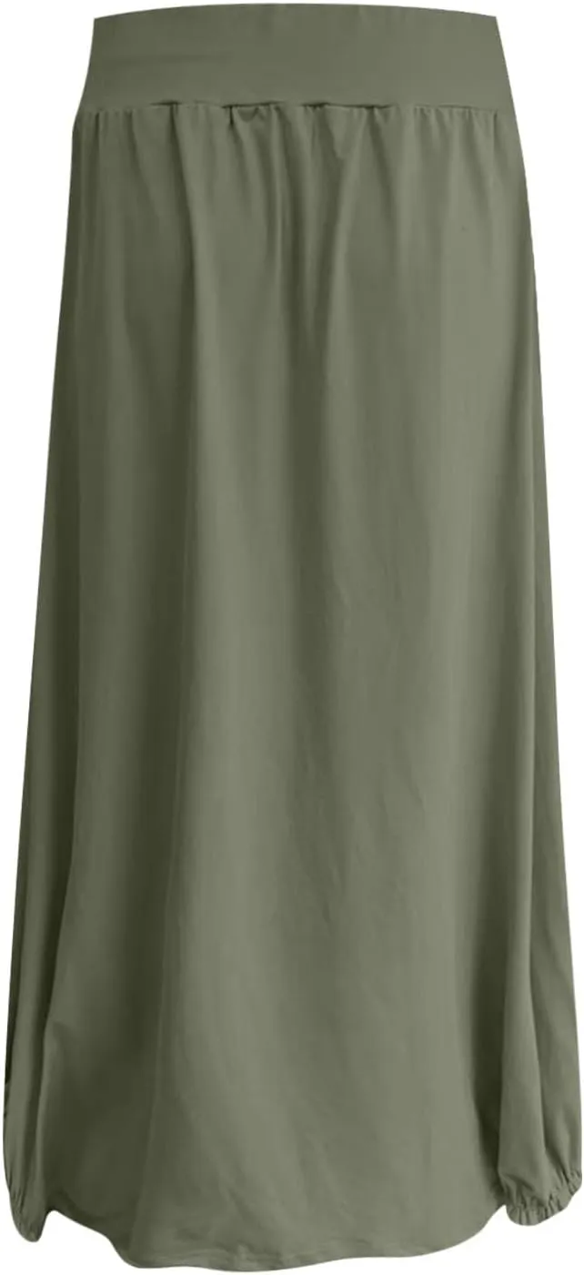Womens Summer Long Maxi Skirt Solid A Line Pleated Elastic Waist Skirts 2025 Trendy Casual Beach Skorts with Pockets