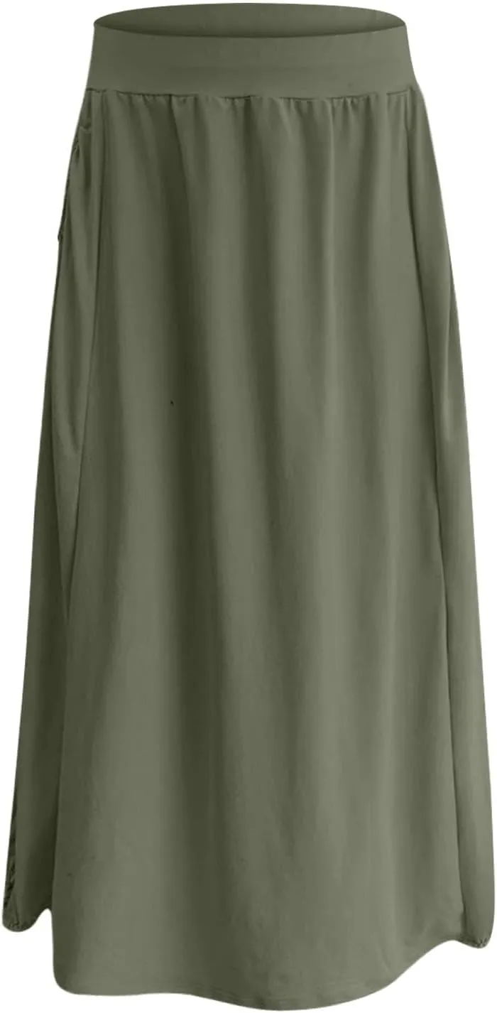 Womens Summer Long Maxi Skirt Solid A Line Pleated Elastic Waist Skirts 2025 Trendy Casual Beach Skorts with Pockets