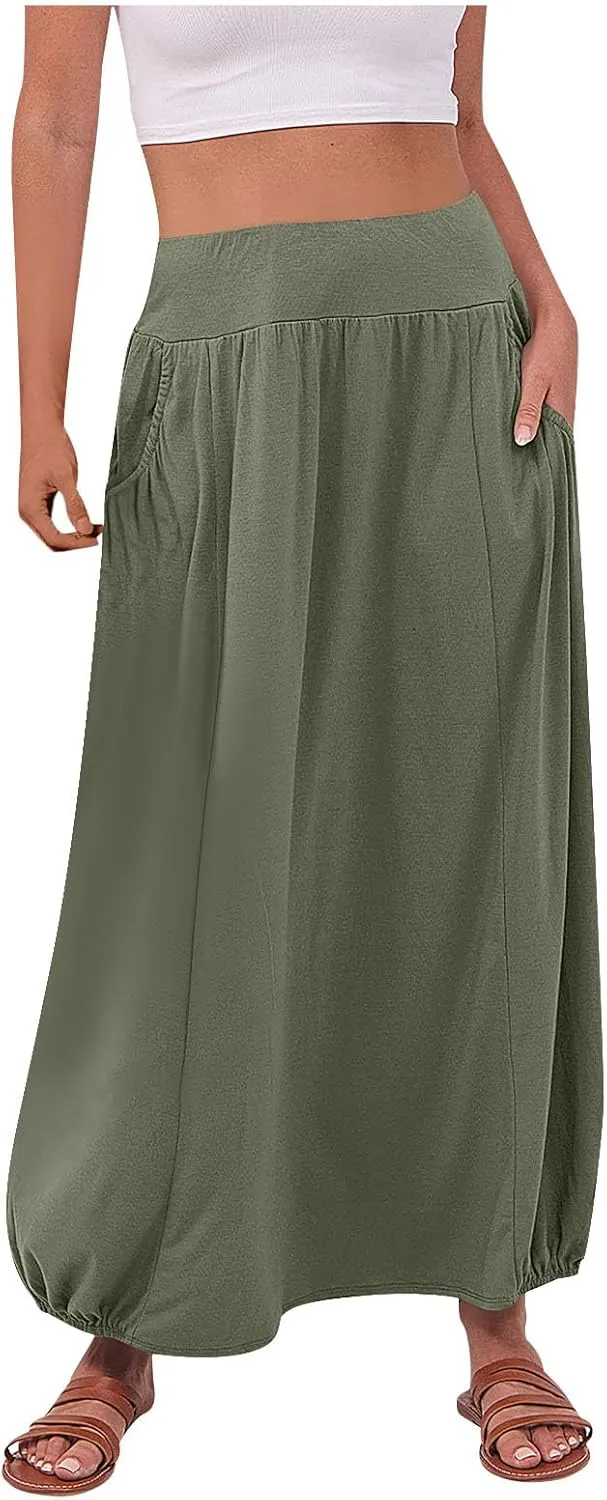 Womens Summer Long Maxi Skirt Solid A Line Pleated Elastic Waist Skirts 2025 Trendy Casual Beach Skorts with Pockets