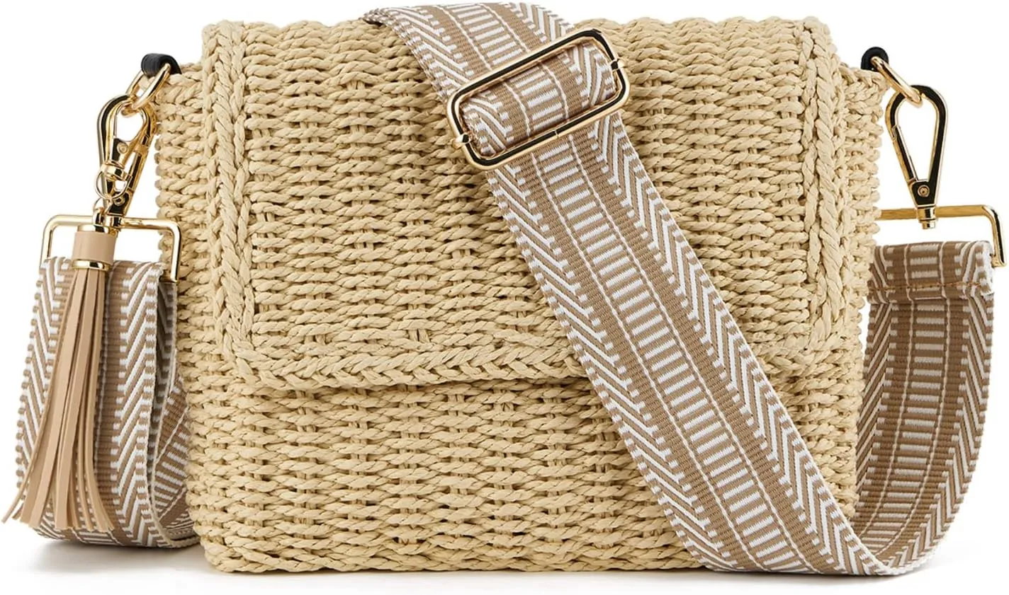 Women's Summer Straw Braided Crossbody Bag with Tassel Chain,Shoulder Straps Woven Beach Handbag Handmade Wallet Purse