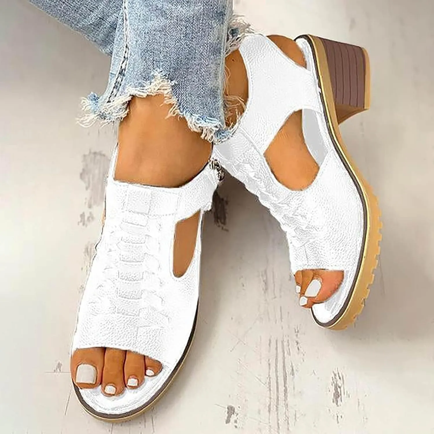 Womens Summer Wedge Sandals Peep Toe Cutout Zipper Chunky Heeled Sandals Comfy Orthotic Shoe Summer Casual Beach Sandal Cutout Ankle Strap Casual Beach Shoes
