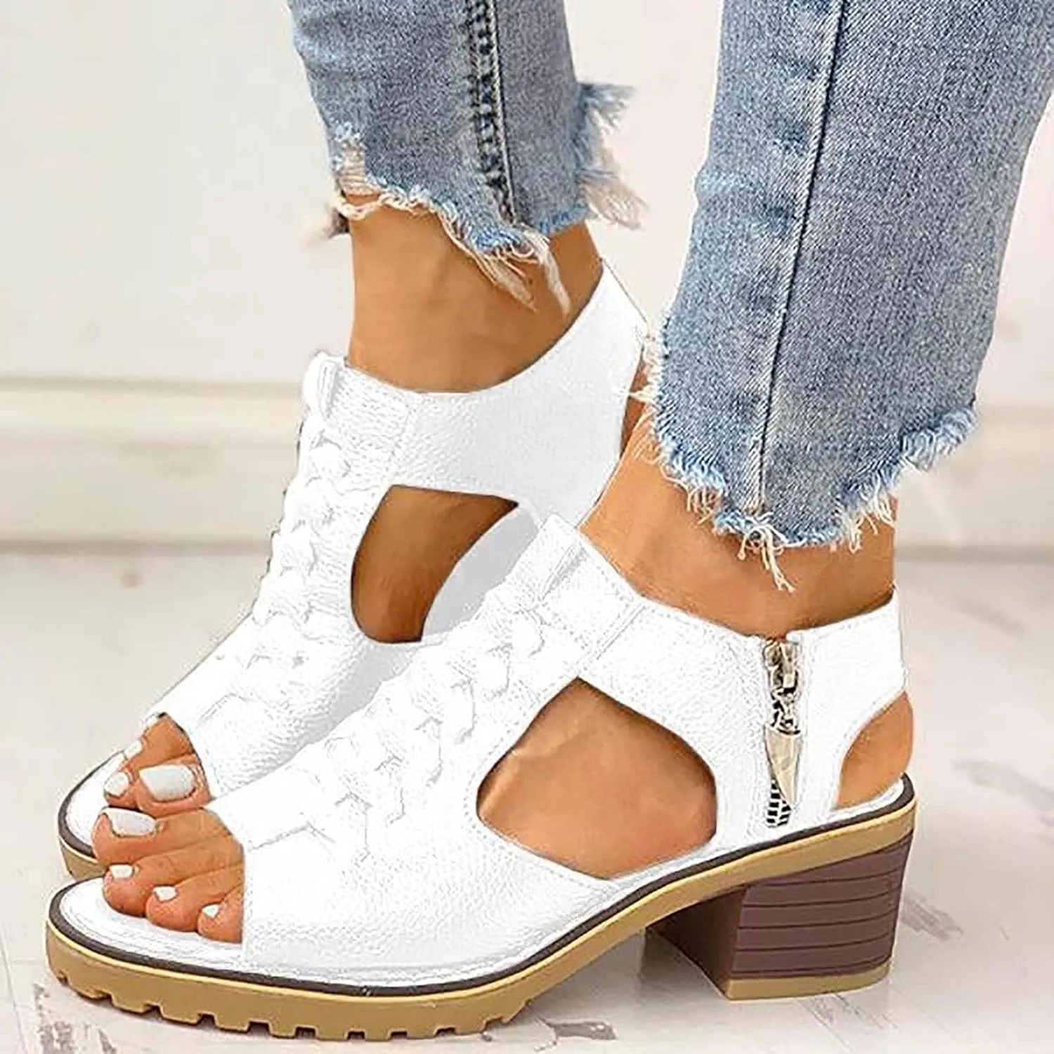 Womens Summer Wedge Sandals Peep Toe Cutout Zipper Chunky Heeled Sandals Comfy Orthotic Shoe Summer Casual Beach Sandal Cutout Ankle Strap Casual Beach Shoes