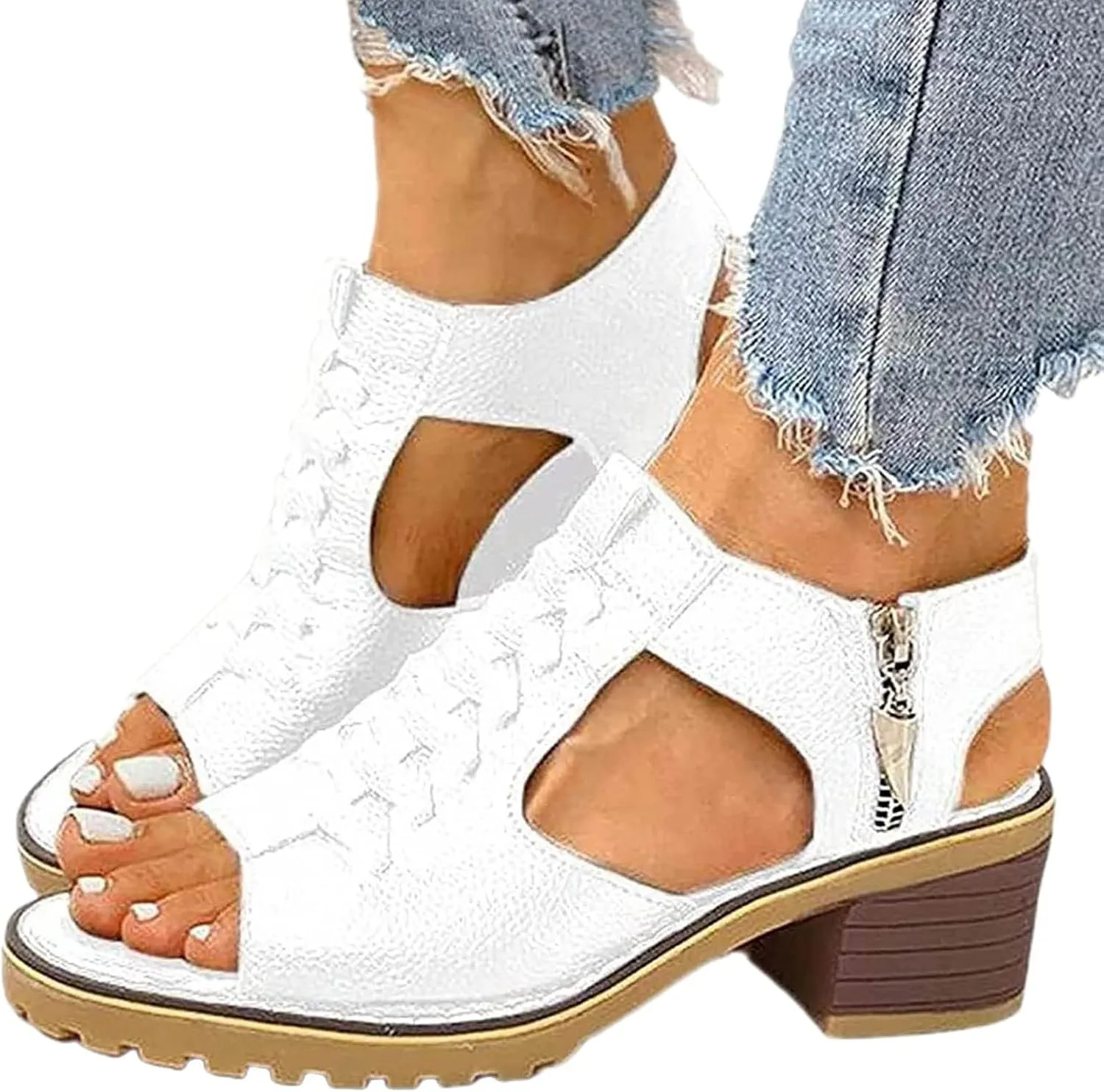 Womens Summer Wedge Sandals Peep Toe Cutout Zipper Chunky Heeled Sandals Comfy Orthotic Shoe Summer Casual Beach Sandal Cutout Ankle Strap Casual Beach Shoes