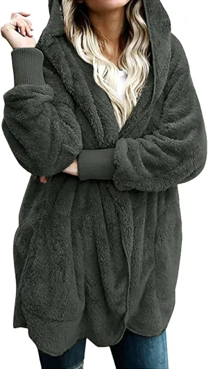 Womens Tops Long Sweater Coat Plush Outerwear Oversized Hoodies Shirts Open Front Hooded Cardigan Draped Pockets