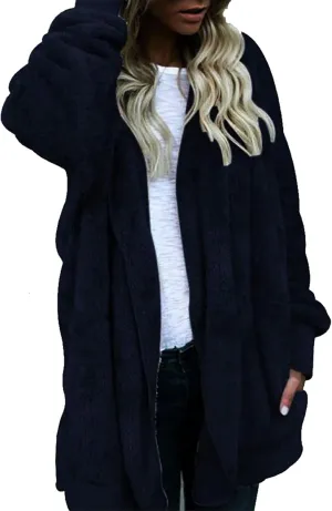 Womens Tops Long Sweater Coat Plush Outerwear Oversized Hoodies Shirts Open Front Hooded Cardigan Draped Pockets