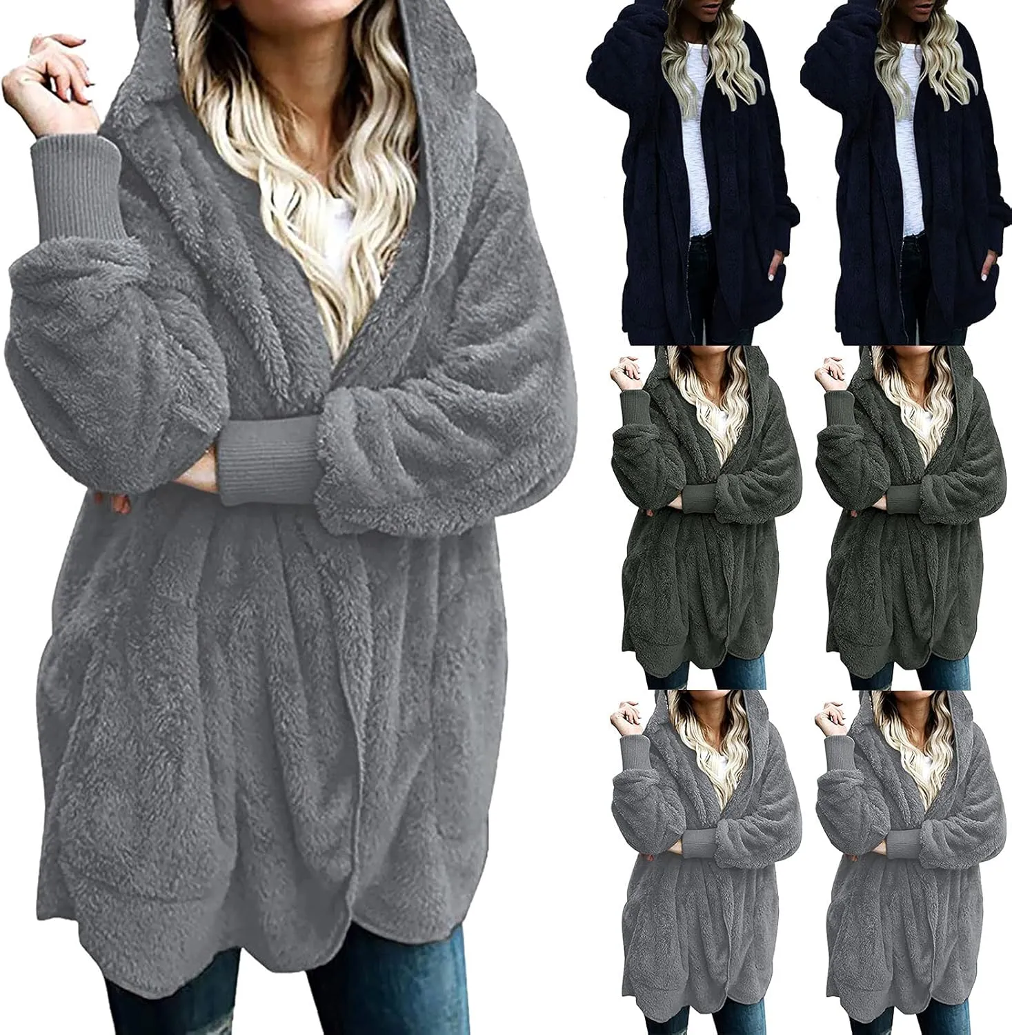 Womens Tops Long Sweater Coat Plush Outerwear Oversized Hoodies Shirts Open Front Hooded Cardigan Draped Pockets