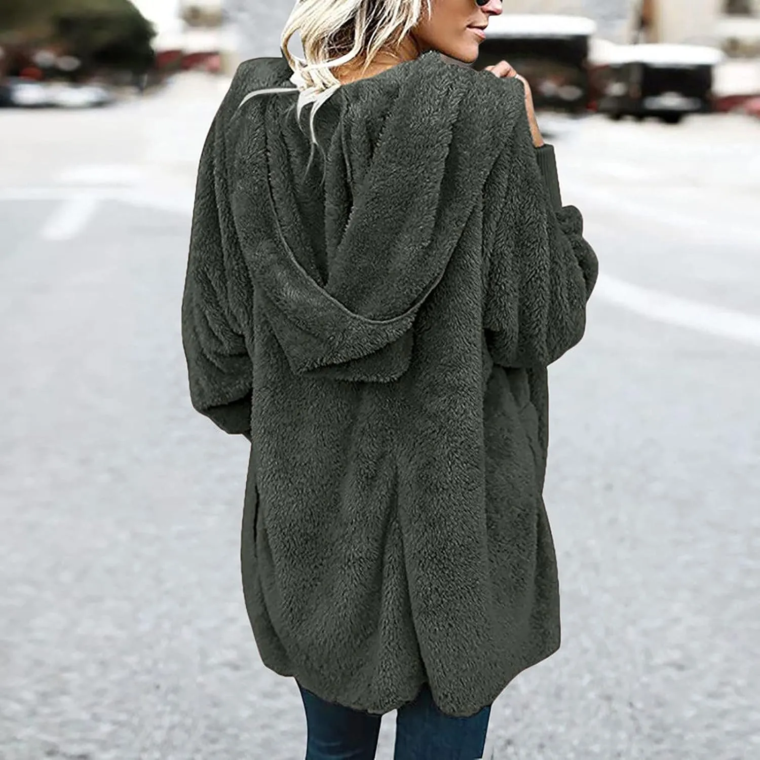 Womens Tops Long Sweater Coat Plush Outerwear Oversized Hoodies Shirts Open Front Hooded Cardigan Draped Pockets