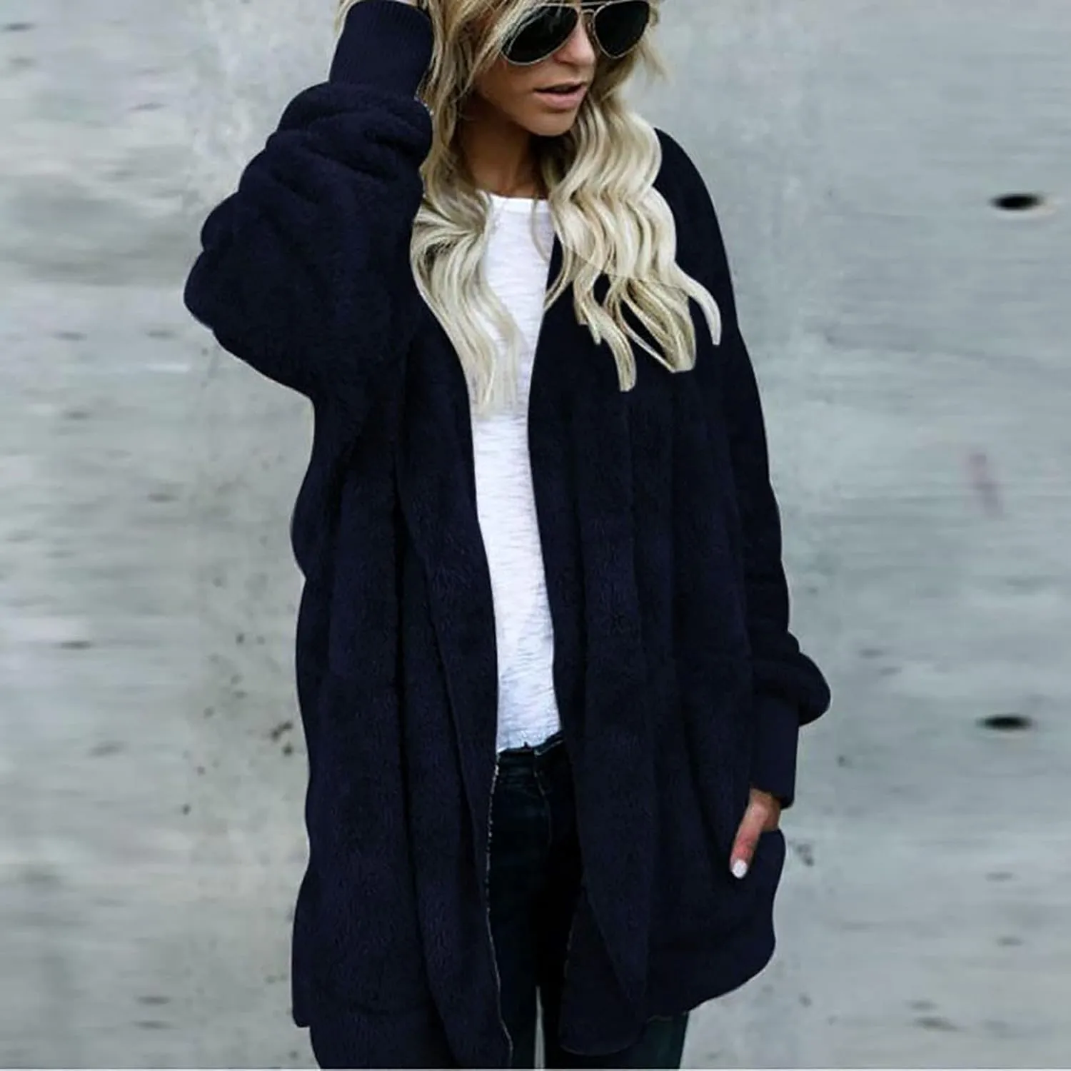 Womens Tops Long Sweater Coat Plush Outerwear Oversized Hoodies Shirts Open Front Hooded Cardigan Draped Pockets