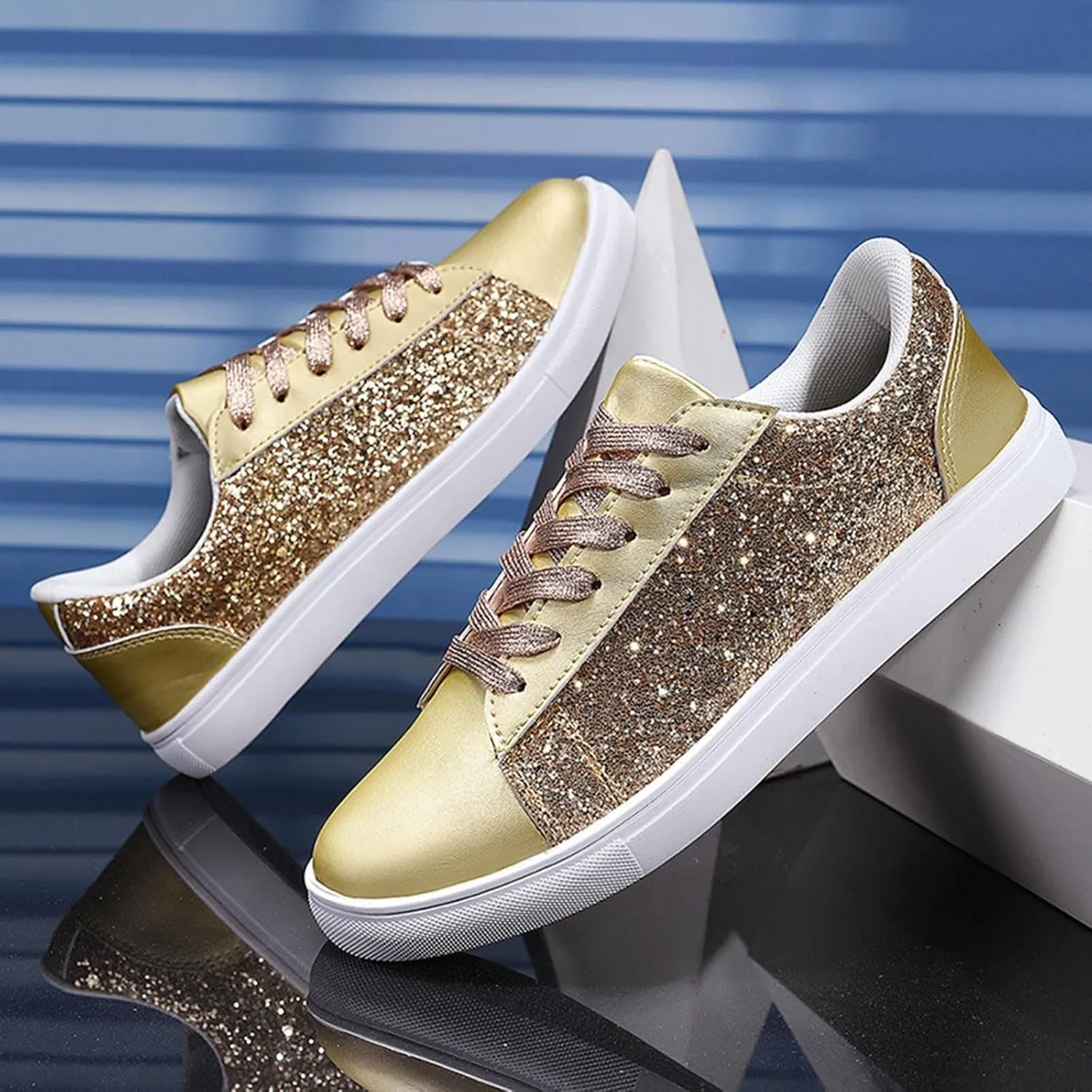 Womens Walking Shoes Slip on Comfy PU Leather Non Slip Vintage Wide Running Shoes Breathable Sequins Sports Workout Tennis Shoes Lightweight Fashion Sneakers