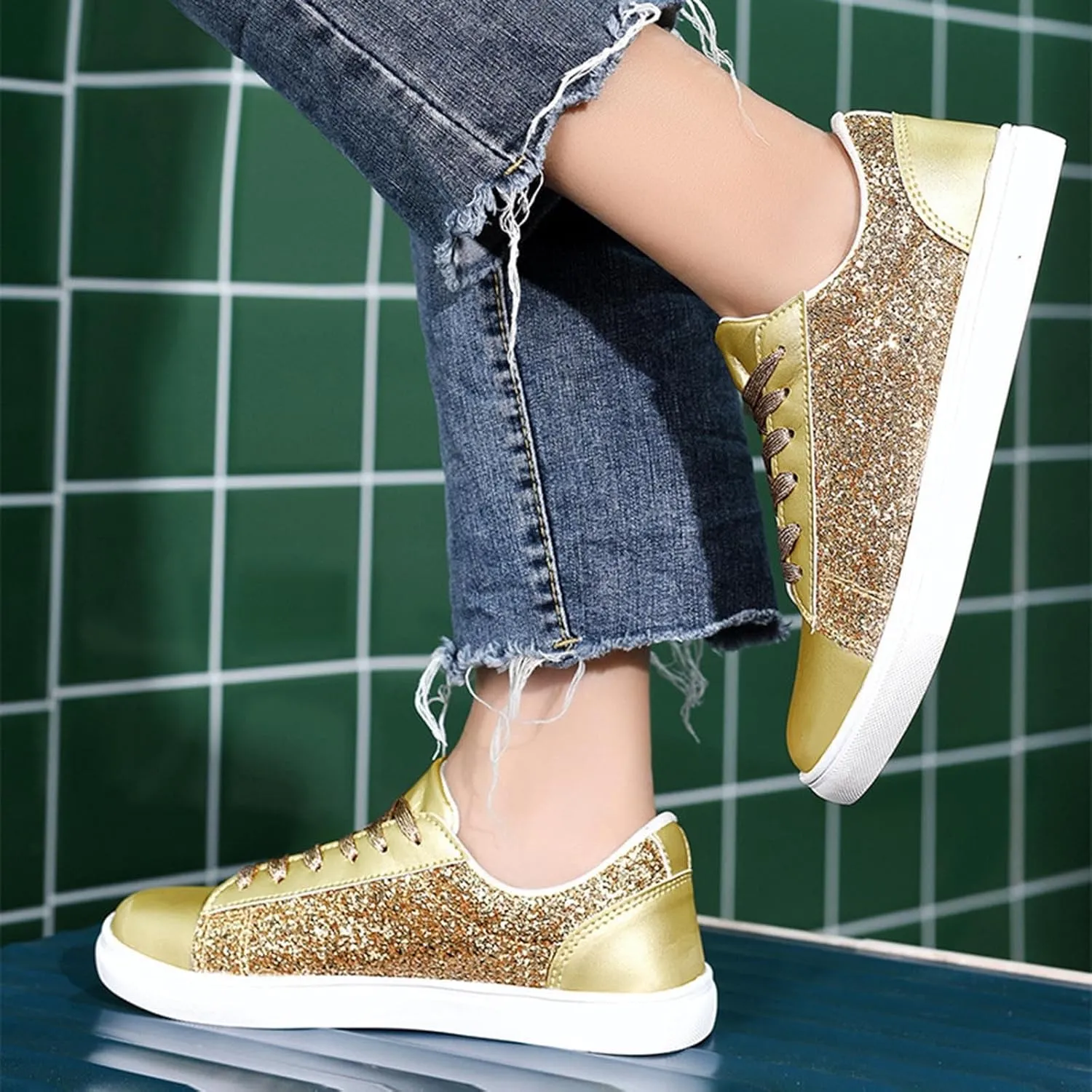 Womens Walking Shoes Slip on Comfy PU Leather Non Slip Vintage Wide Running Shoes Breathable Sequins Sports Workout Tennis Shoes Lightweight Fashion Sneakers