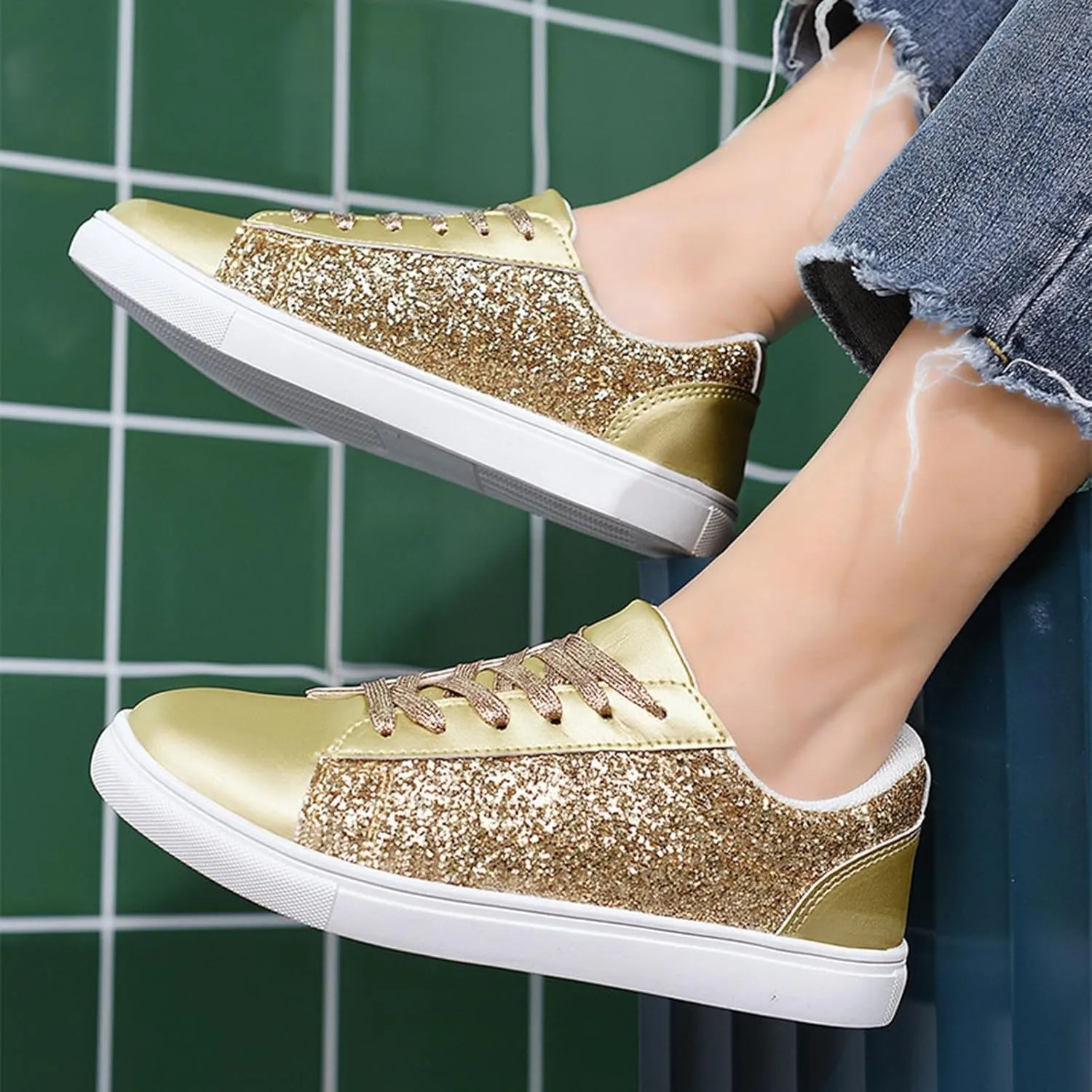 Womens Walking Shoes Slip on Comfy PU Leather Non Slip Vintage Wide Running Shoes Breathable Sequins Sports Workout Tennis Shoes Lightweight Fashion Sneakers