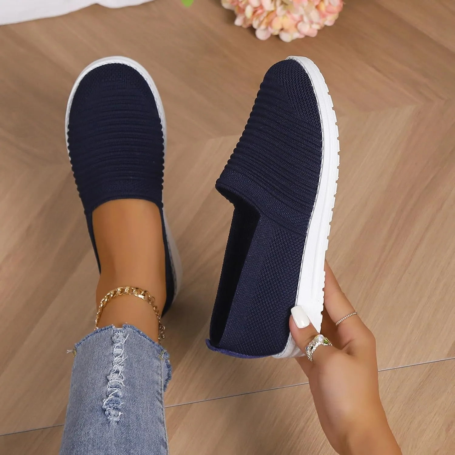 Womens Walking Shoes Slip on Memory Foam Non Slip Arch Support Running Shoes Breathable Mesh Sports Workout Tennis Shoes Fashion Lace Up Sneakers