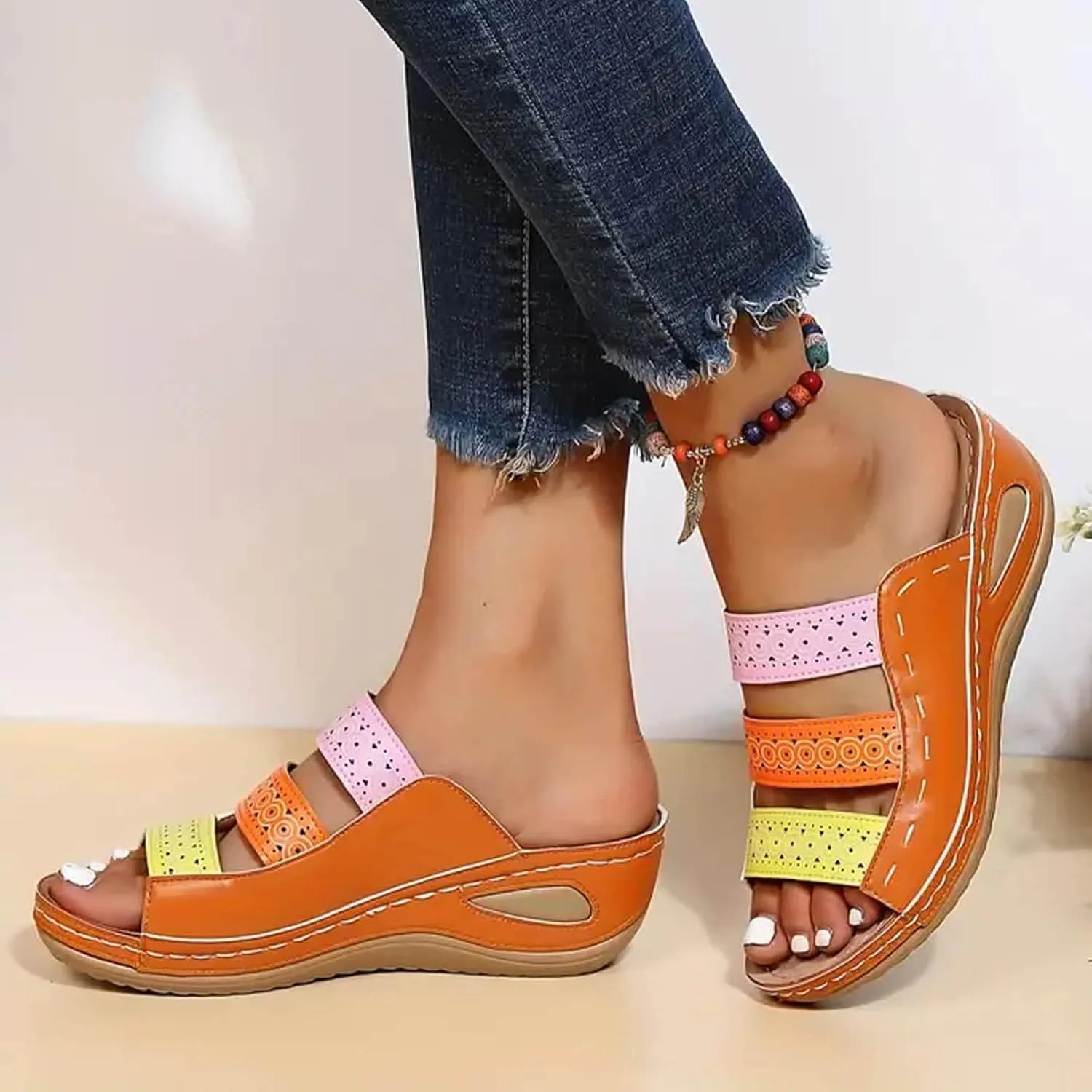 Women's Wedge Sandals Open Toe Hollow Out Slip On Slides Shoes Casual Outdoor Slides Womens Flat Shoes Women