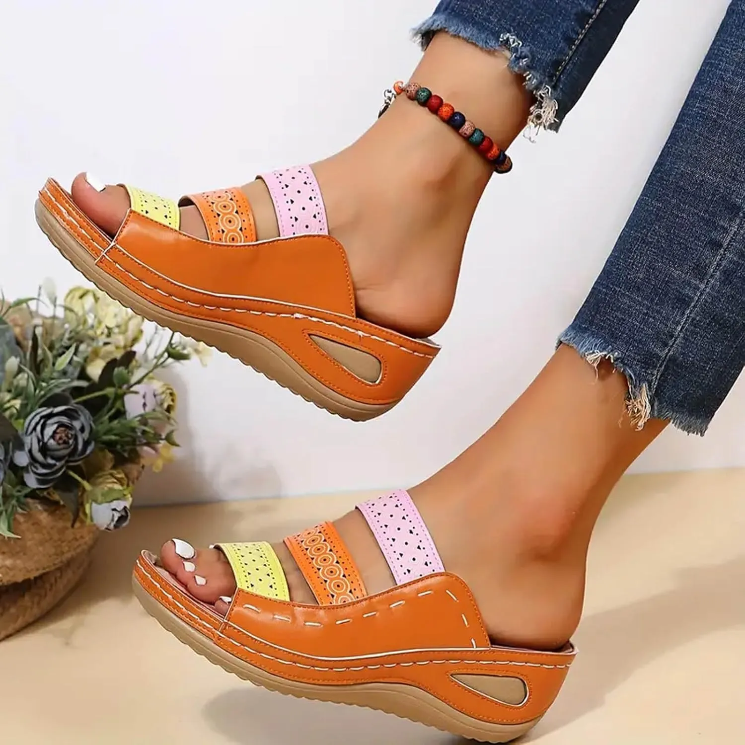 Women's Wedge Sandals Open Toe Hollow Out Slip On Slides Shoes Casual Outdoor Slides Womens Flat Shoes Women