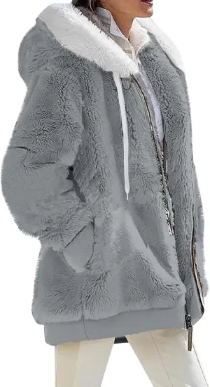 Womens Winter Coats Fleece Sherpa Jacket Full Zip Long Sleeve Casual Fuzzy Hooded Jacket Coats Warm Winter Outerwear