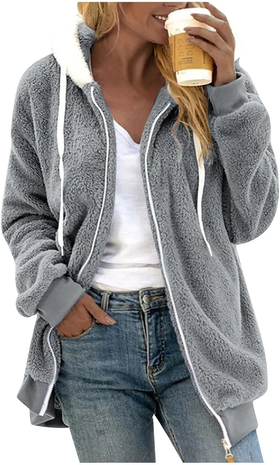 Womens Winter Coats Fleece Sherpa Jacket Full Zip Long Sleeve Casual Fuzzy Hooded Jacket Coats Warm Winter Outerwear