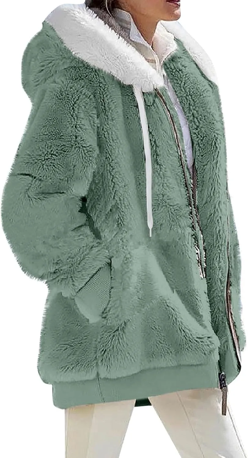 Womens Winter Coats Fleece Sherpa Jacket Full Zip Long Sleeve Casual Fuzzy Hooded Jacket Coats Warm Winter Outerwear
