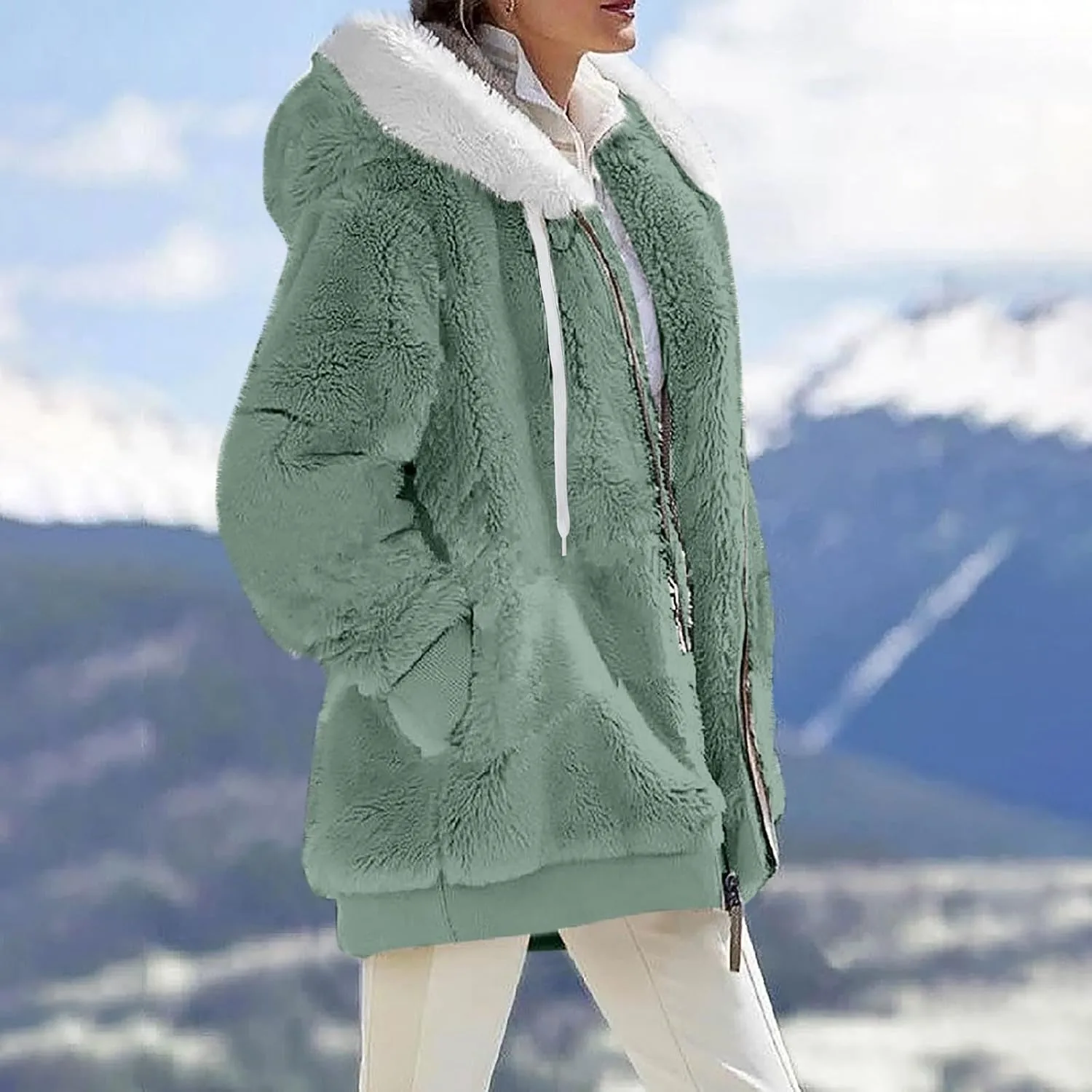 Womens Winter Coats Fleece Sherpa Jacket Full Zip Long Sleeve Casual Fuzzy Hooded Jacket Coats Warm Winter Outerwear