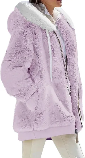Womens Winter Coats Fleece Sherpa Jacket Full Zip Long Sleeve Casual Fuzzy Hooded Jacket Coats Warm Winter Outerwear