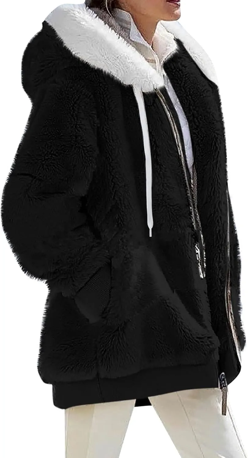 Womens Winter Coats Fleece Sherpa Jacket Full Zip Long Sleeve Casual Fuzzy Hooded Jacket Coats Warm Winter Outerwear