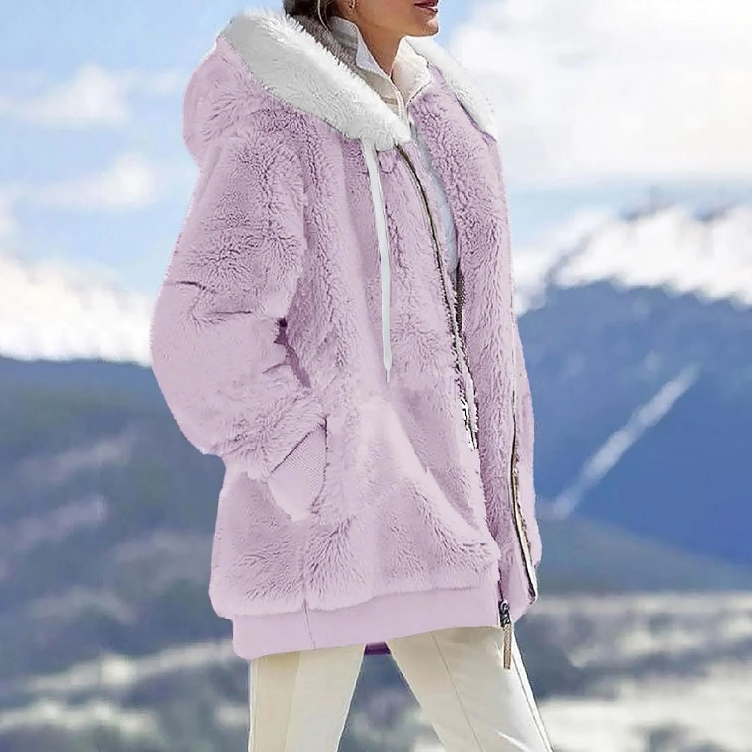 Womens Winter Coats Fleece Sherpa Jacket Full Zip Long Sleeve Casual Fuzzy Hooded Jacket Coats Warm Winter Outerwear