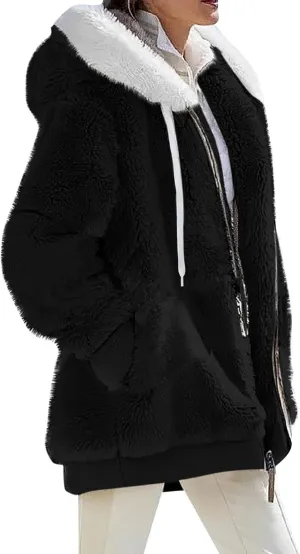 Womens Winter Coats Fleece Sherpa Jacket Full Zip Long Sleeve Casual Fuzzy Hooded Jacket Coats Warm Winter Outerwear