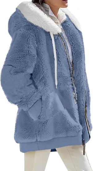 Womens Winter Coats Fleece Sherpa Jacket Full Zip Long Sleeve Casual Fuzzy Hooded Jacket Coats Warm Winter Outerwear
