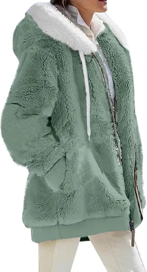 Womens Winter Coats Fleece Sherpa Jacket Full Zip Long Sleeve Casual Fuzzy Hooded Jacket Coats Warm Winter Outerwear