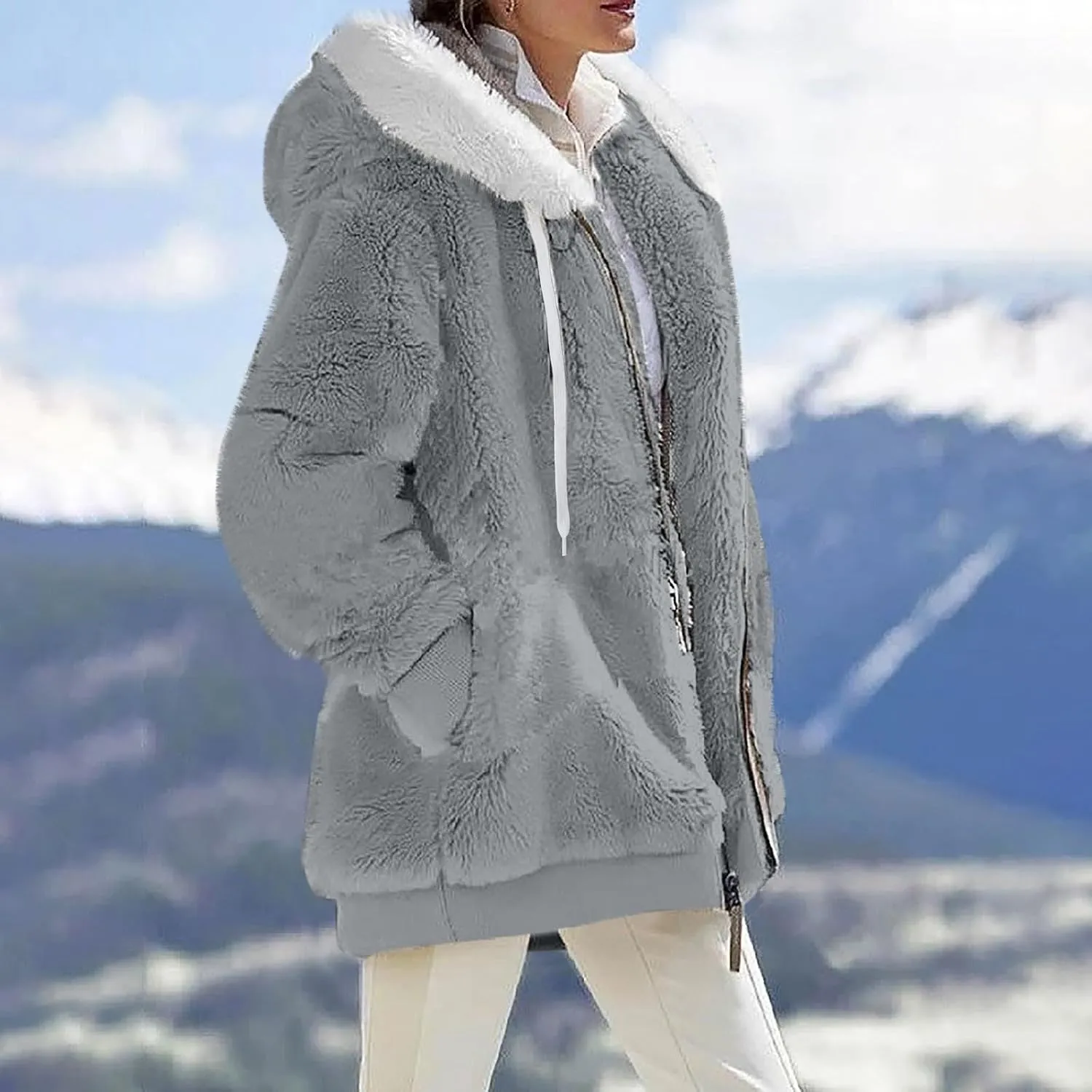 Womens Winter Coats Fleece Sherpa Jacket Full Zip Long Sleeve Casual Fuzzy Hooded Jacket Coats Warm Winter Outerwear