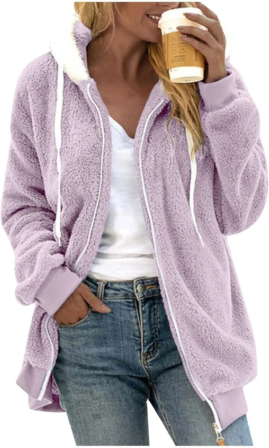 Womens Winter Coats Fleece Sherpa Jacket Full Zip Long Sleeve Casual Fuzzy Hooded Jacket Coats Warm Winter Outerwear