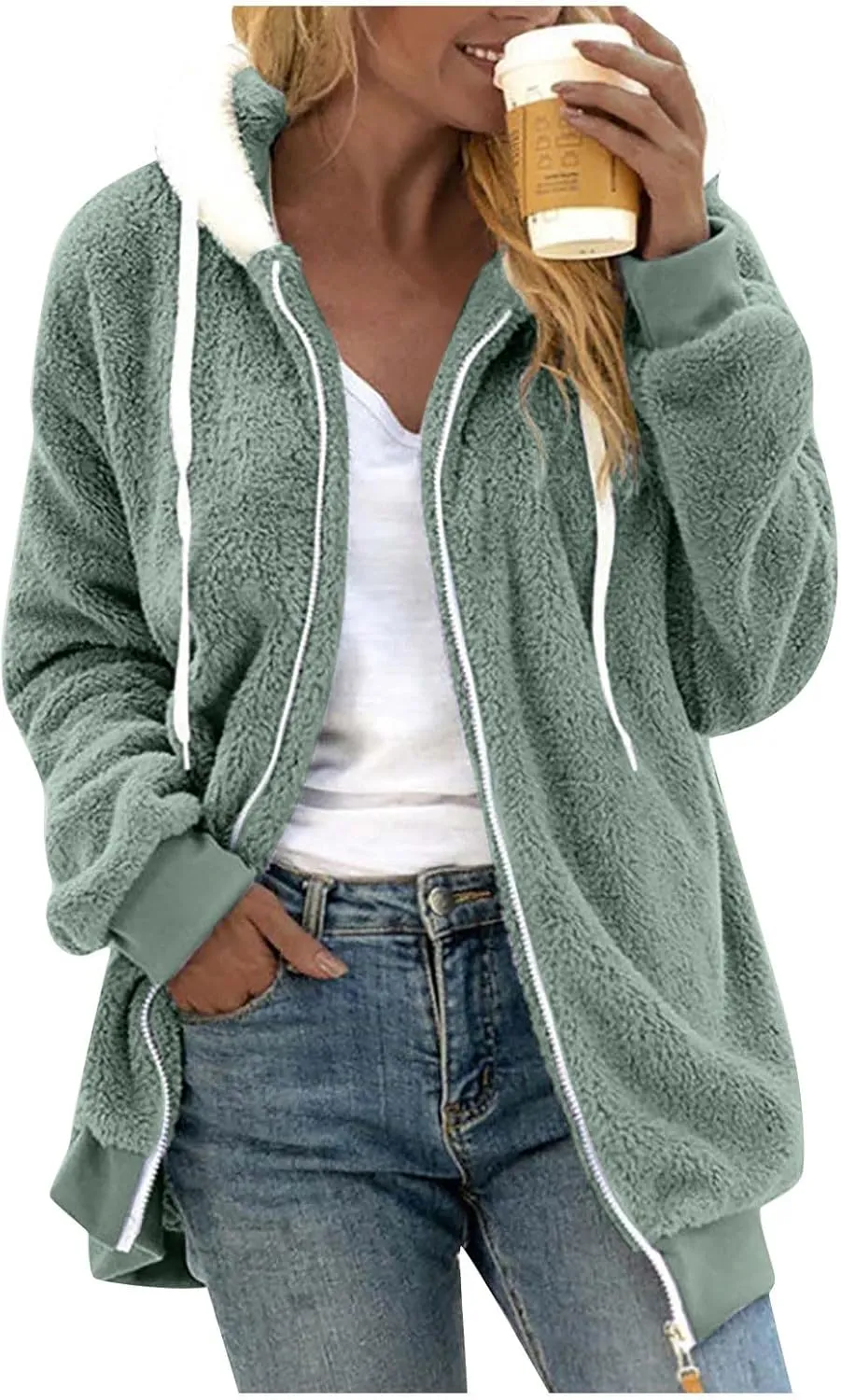 Womens Winter Coats Fleece Sherpa Jacket Full Zip Long Sleeve Casual Fuzzy Hooded Jacket Coats Warm Winter Outerwear