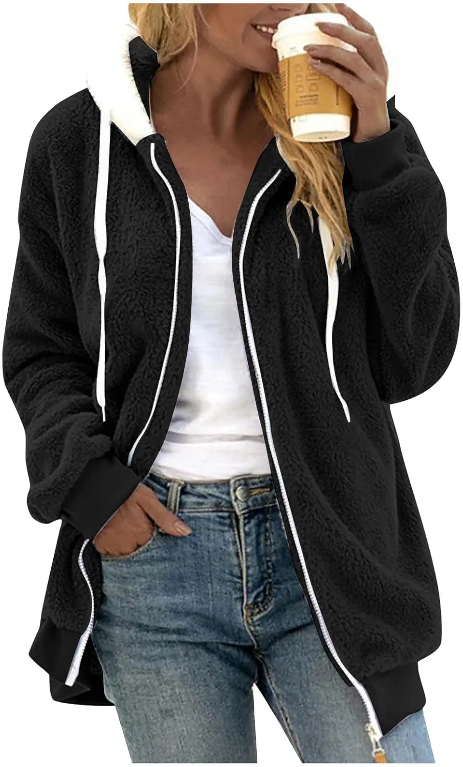 Womens Winter Coats Fleece Sherpa Jacket Full Zip Long Sleeve Casual Fuzzy Hooded Jacket Coats Warm Winter Outerwear