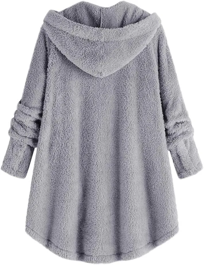 Womens Winter Fuzzy Fleece Jacket Hem Plus Size Hoodie Top Sweater Blouse Hooded Coats Fur Coats for