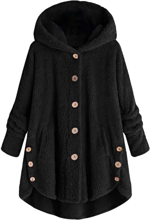Womens Winter Fuzzy Fleece Jacket Hem Plus Size Hoodie Top Sweater Blouse Hooded Coats Fur Coats for
