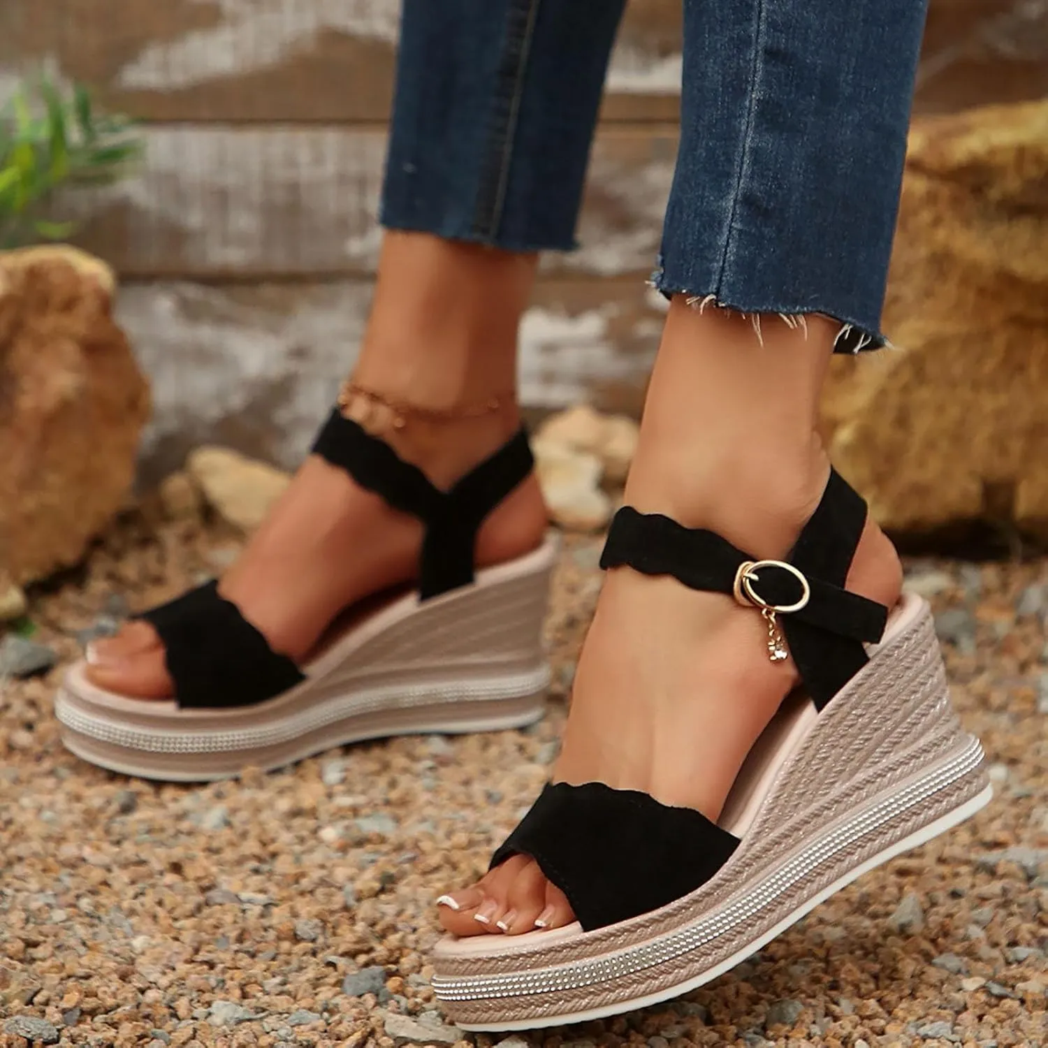 Women's Woven Bohemian Wedge Heel Sandals 2025 Summer Open Toe Rhinestones Ankle Strap Platform Sandals Comfortable Beach Vacation Travel Walking Party Dress Sandal