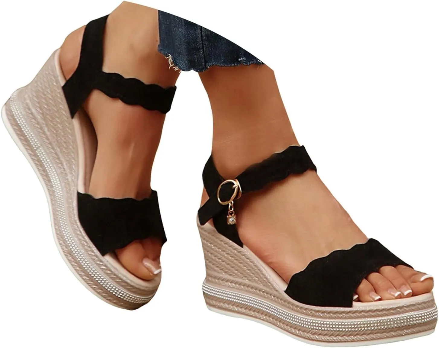 Women's Woven Bohemian Wedge Heel Sandals 2025 Summer Open Toe Rhinestones Ankle Strap Platform Sandals Comfortable Beach Vacation Travel Walking Party Dress Sandal