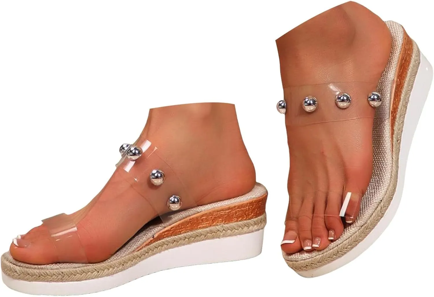 Women's Woven Wedge Platform Sandals with Arch Support 2025 Casual Open Toe Clear Strap Pearl Backless Platform Footwear Summer Fashionable Comfortable Orthopedic Slip On Sandals