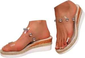 Women's Woven Wedge Platform Sandals with Arch Support 2025 Casual Open Toe Clear Strap Pearl Backless Platform Footwear Summer Fashionable Comfortable Orthopedic Slip On Sandals