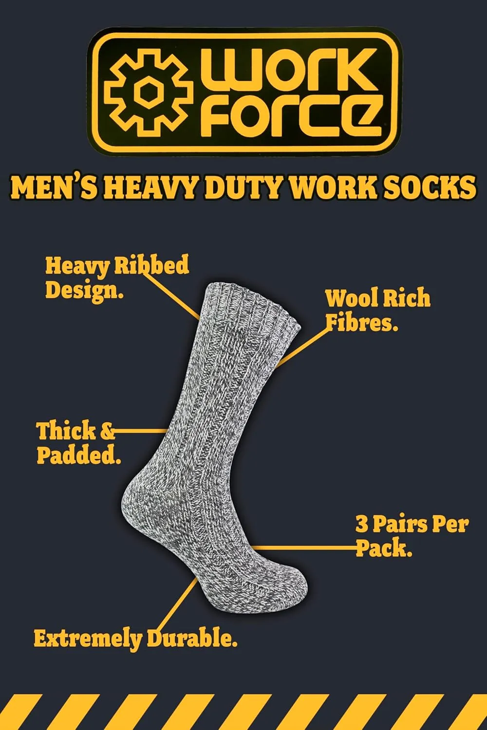 Workforce - 3 Pack Mens Thick Wool Knitted Heavy Duty Hiking Work Boot Socks