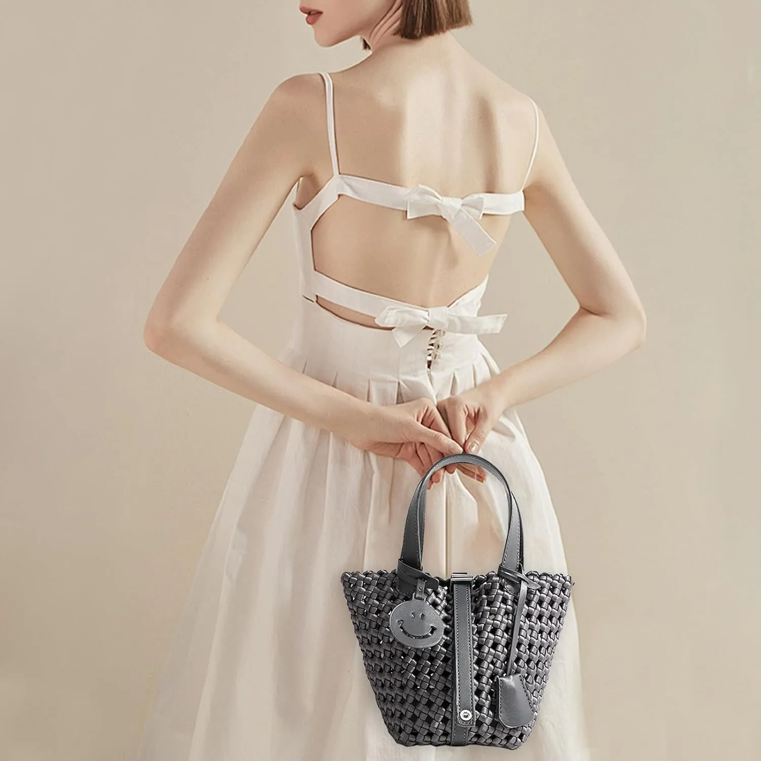 Woven Handbags for Women Top Handle Satchel Handbag Basket Bucket Bag Small Woven Tote Bag Hobo Purses