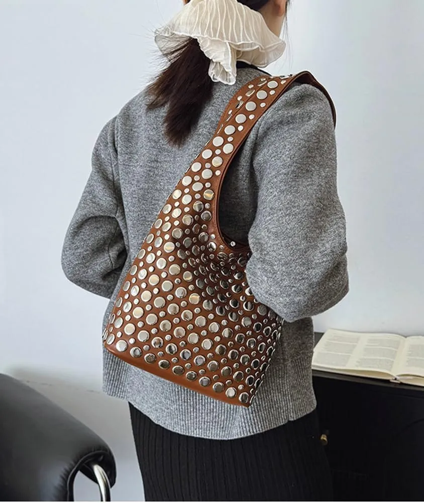 Y2k 90s Crescent Hobo Bags Women Trendy Studded PU Leather Shoulder Crossbody Purse Punk Underarm Satchels Tote Handbag