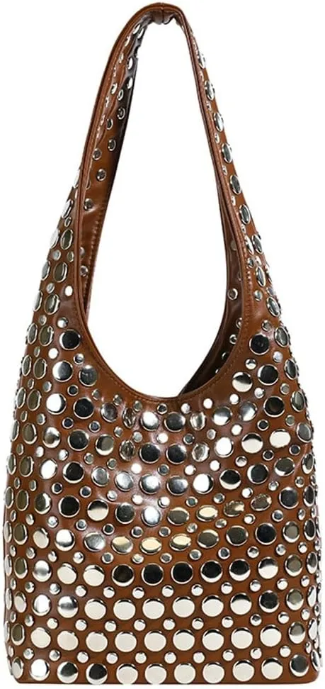 Y2k 90s Crescent Hobo Bags Women Trendy Studded PU Leather Shoulder Crossbody Purse Punk Underarm Satchels Tote Handbag