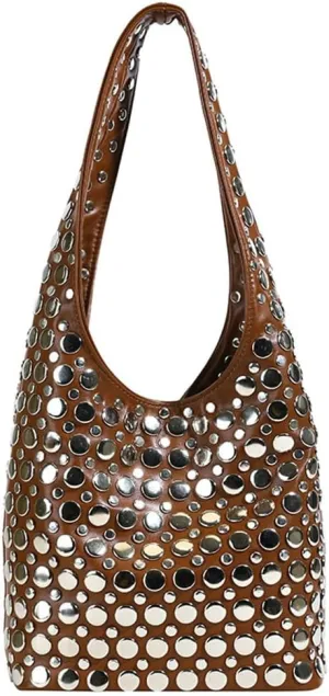 Y2k 90s Crescent Hobo Bags Women Trendy Studded PU Leather Shoulder Crossbody Purse Punk Underarm Satchels Tote Handbag
